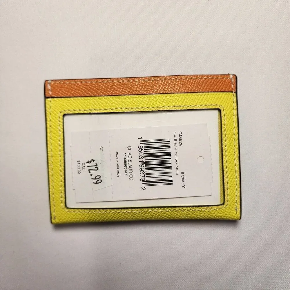 NWT Coach CM529 Slim ID Card Case Colorblock Bright Yellow Purple Iris Multi